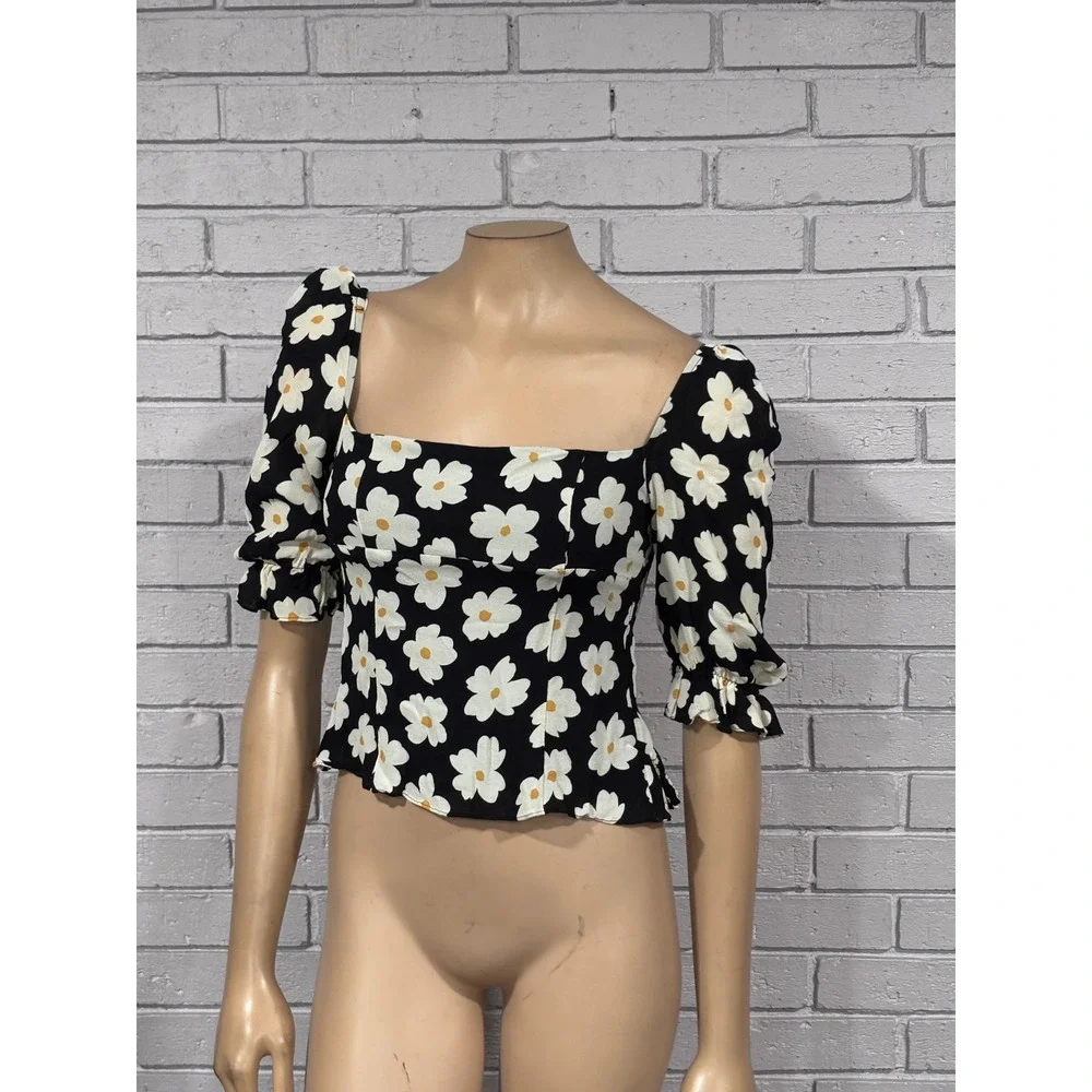 Reformation Black White Daisy Floral Smocked Puff Sleeve Square Neck Top NWT S